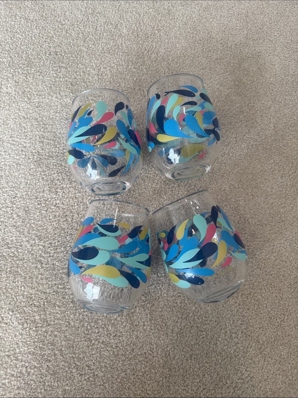 Vera Bradley Stemless Wine Glass with Blue, Teal, Pink and Yellow Drop Pattern